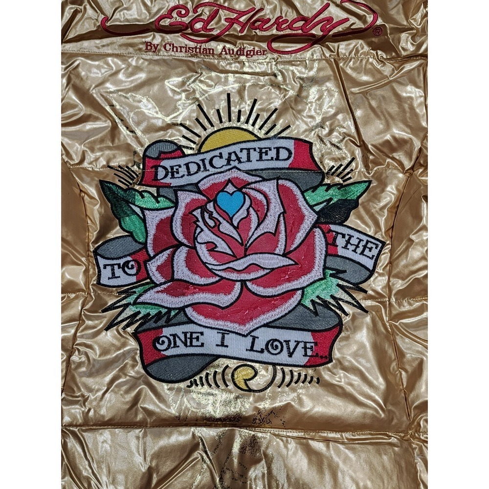 Ed Hardy By Christian Andigier Womens Puffer Jacket Skull Rose Gold Size M - Picture 10 of 11